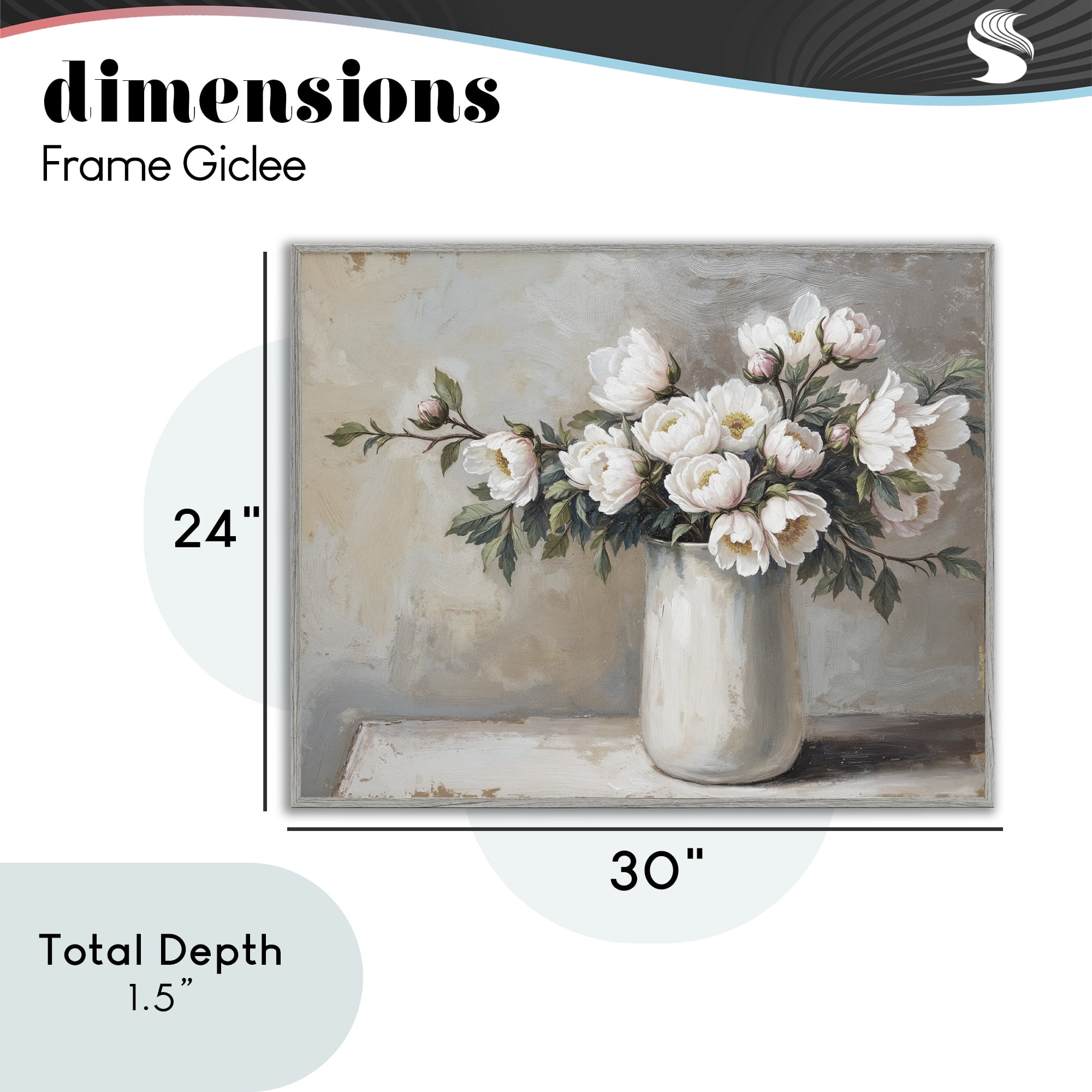 White Flowers in Vase Still Life Gray Framed Giclee Art, design by Lettered and Lined