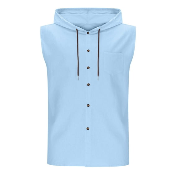 Delliss Men's Cotton Linen Hooded Cardigan Buttons Sleeveless Vest Casual Jacket