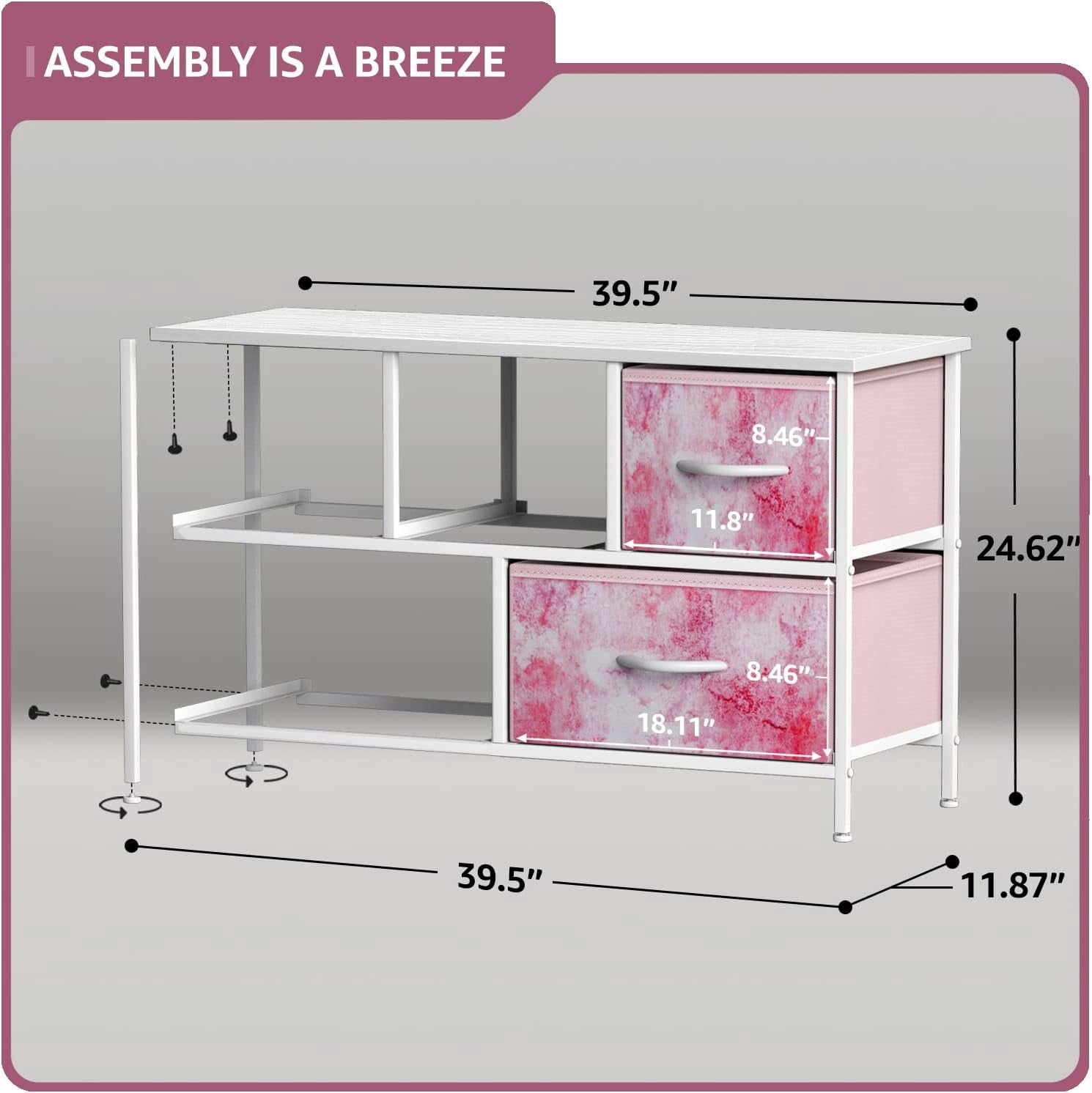Sorbus 5-Drawer Dresser Storage Chest, Steel Frame, Wood Top, Fabric Bins, Tie-Dye Pink
