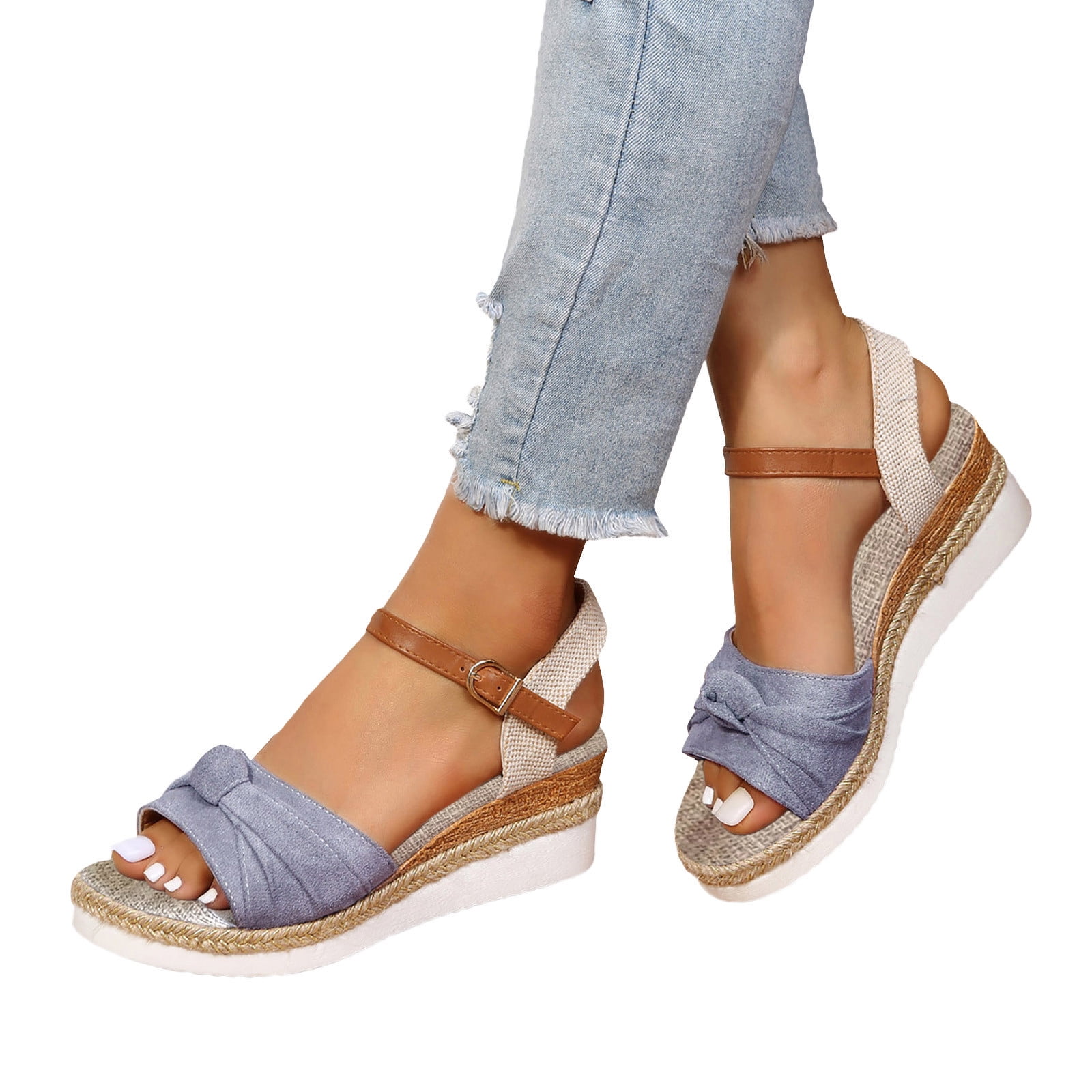 Yindaity Wedge Sandals for Women Topic Open Toe Buckle Ankle Strap Espadrilles Flatform Wedge Casual Sandal Grey,8.5
