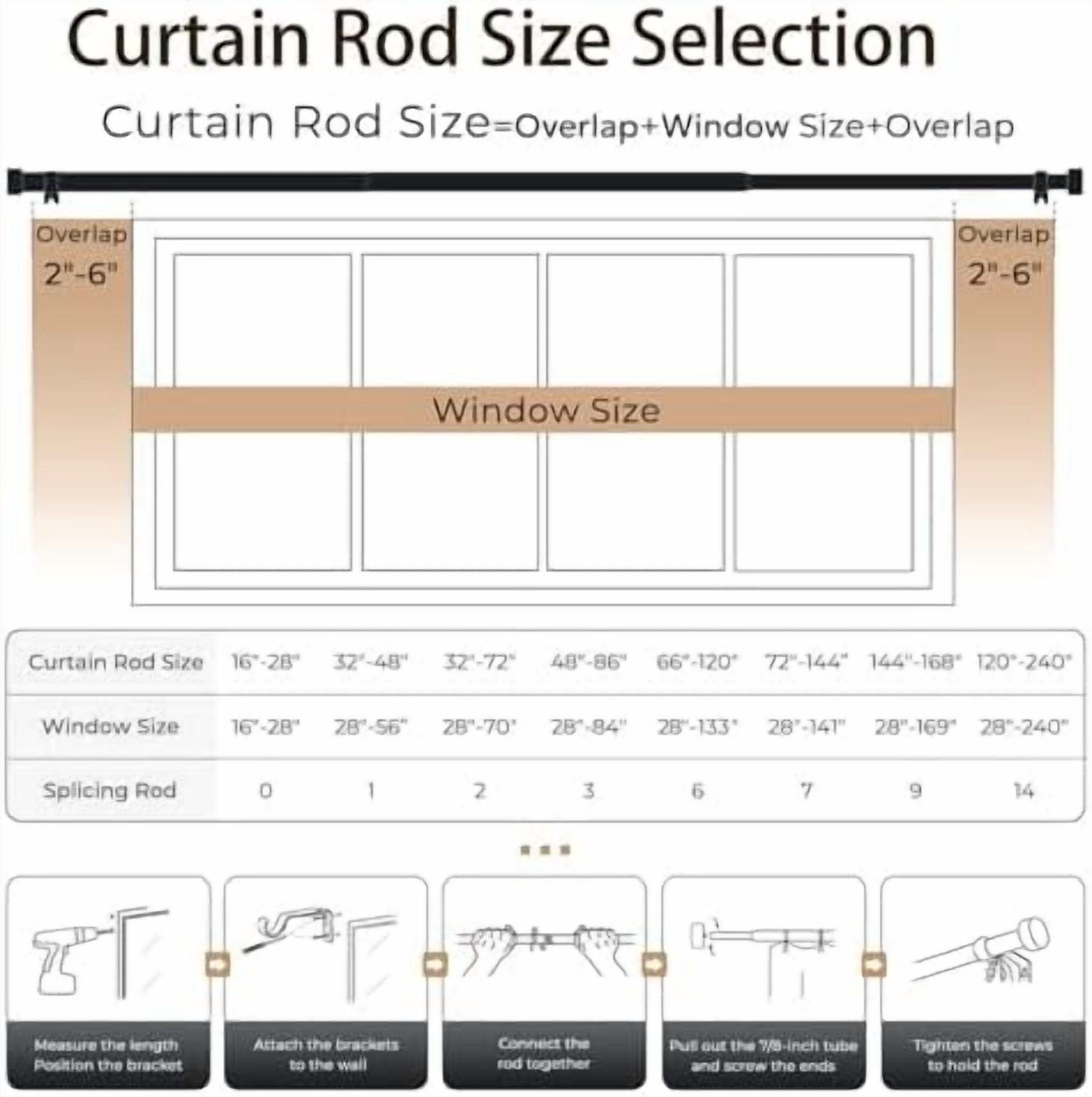 Curtain Rods for Windows 48 to 84, Black Curtain Rod, Adjustable 1 Inch Heavy Duty Outdoor/Indoor Modern Drapery Pole, 32"-86"
