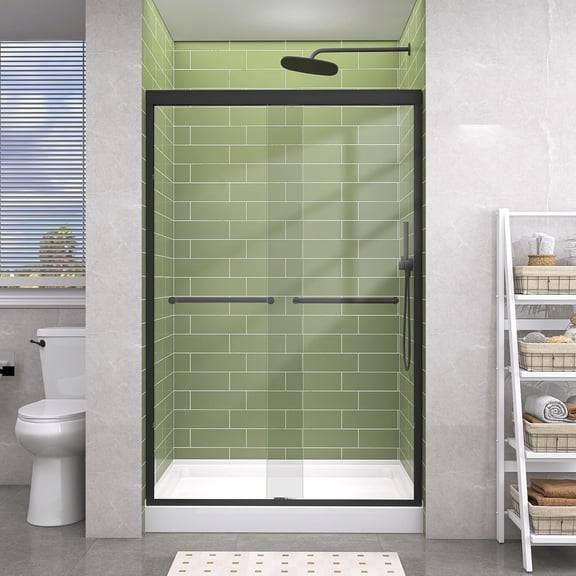 44-48"W x 72"H Double Sliding Shower Door, 1/4 Inch (6mm) Tempered Glass with Explosion-Proof Film, Matte Black