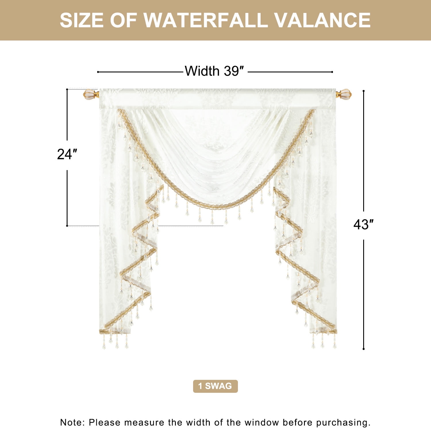 VOGOL Farmhouse Waterfall Valance - Vintage Damask Jacquard Voile with Beaded Tassels, Semi-Sheer Rod Pocket Window Topper for Bedroom Living Room, 39x43 Inch, White