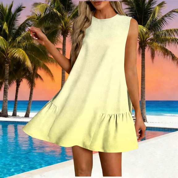 Gamivast Dresses for Women Sleeveless Crew Neck Loose Fit Shift Mini Dress Solid Color Ruffle Hem Flowy Comfy Casual Beach Vacation Summer Dresses Spring Dresses