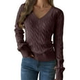thumbnail image 3 of Women Long Sleeve Cable Knit Sweater Fashion V Neck Fitted Pullover Top Business Casual Fall Outfits Brown M, 3 of 7
