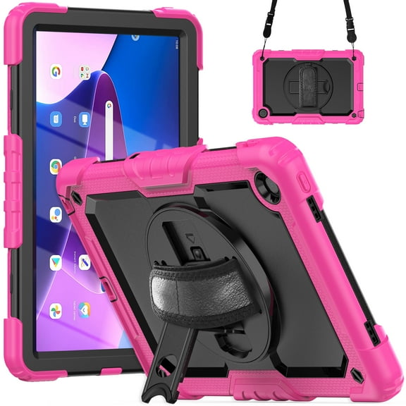 Dteck Screen Protector Case for Lenovo Tab M10 Plus (3rd Gen) 2022 10.6-inch TB-125F/TB-128F,Shockproof Rubber Armor 3-Layer Protection Case Stand Cover with Adjustable Shoulder/Hand Strap,Rose