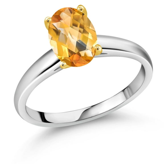 Gem Stone King 1.65 Ct Oval Checkerboard Yellow Citrine 10K White and Yellow Gold Ring Ring (Size 8)