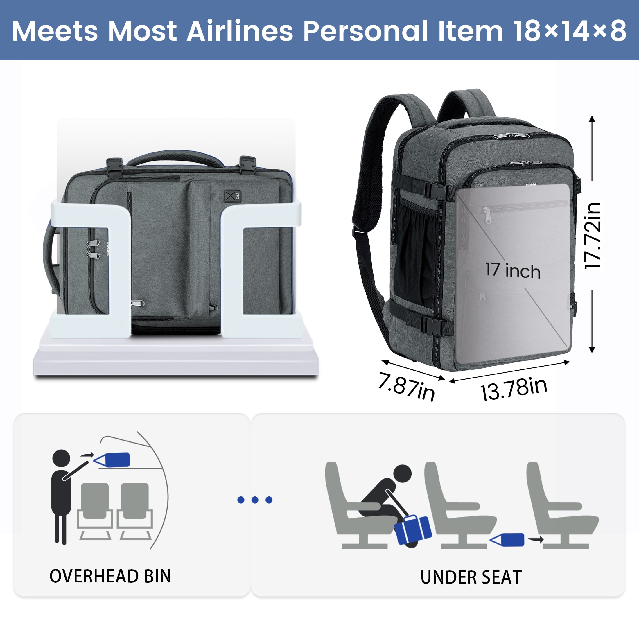 Business Travel Backpack Fits 17 Inch Laptop for Personal Item Bag 18x14x8 Clamshell Opening Carry on Laptop Backpack for Men with Wet Pocket, Grey