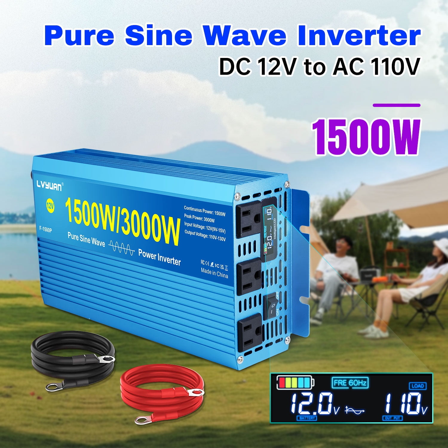 LVYUAN 1500W 3000W Surge Pure Sine Wave Power Inverter DC 12V to AC 110V Car Power Converter with 3 AC Outlets, LCD Display, Battery Converter Charger for RV, Camping, Off-Grid, Home Backup