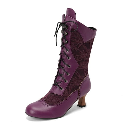 

Ediodpoh European And America Foreign Trade Autumn And Winter Lolita Women s Boots Lace Bow Leaf Lace Mid Heel Mid Leg Boots Mid Boots Womens Boots Purple 8