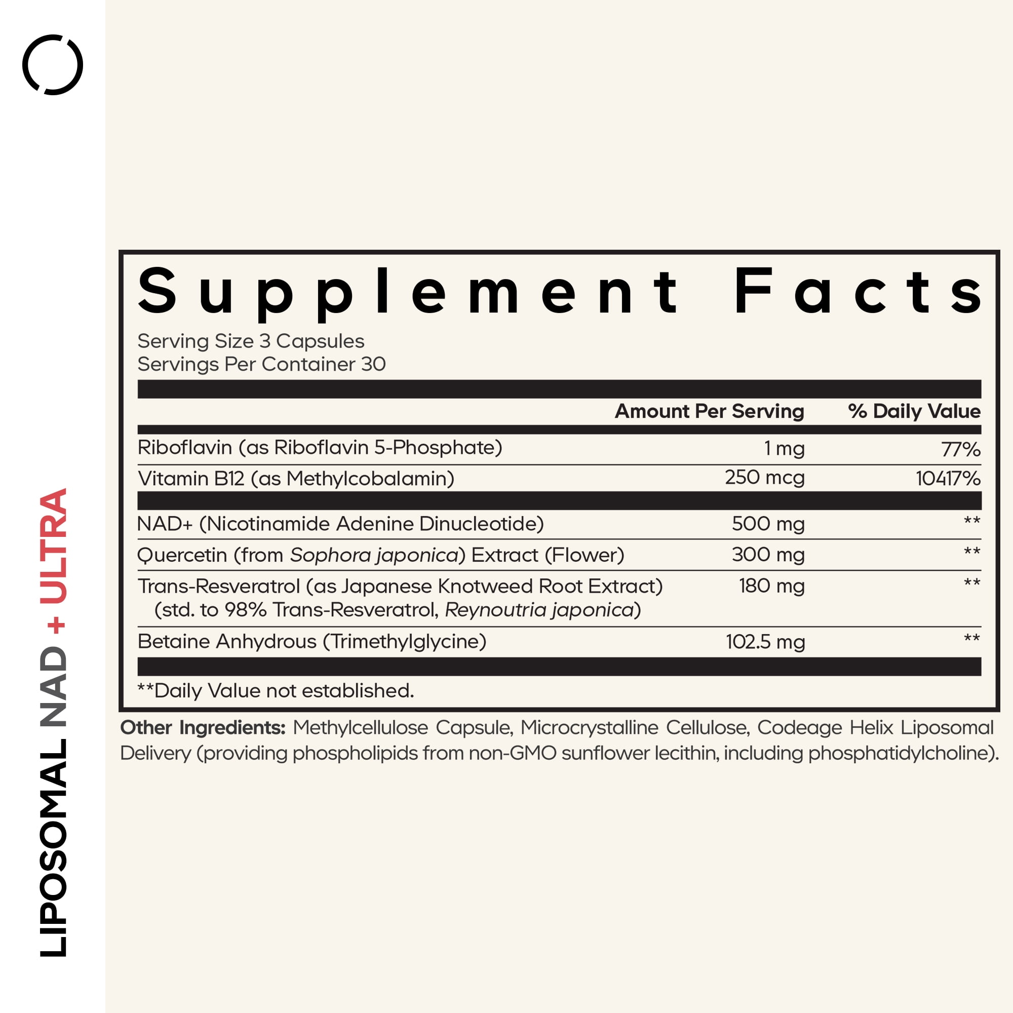 Codeage Liposomal NAD+ Ultra, Trans-Resveratrol, Quercetin, Betaine, Riboflavin, Vitamin B12, 90 ct