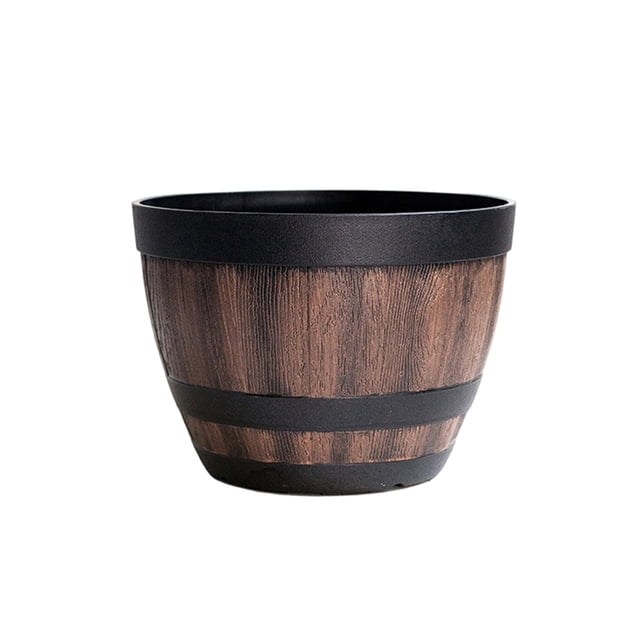 Flowerpot with Built-In Drainage System Rustic Barrel Style Decorative Garden Planter Flowers Herbs Vegetables Small Shrubs Entryway Flowerpot