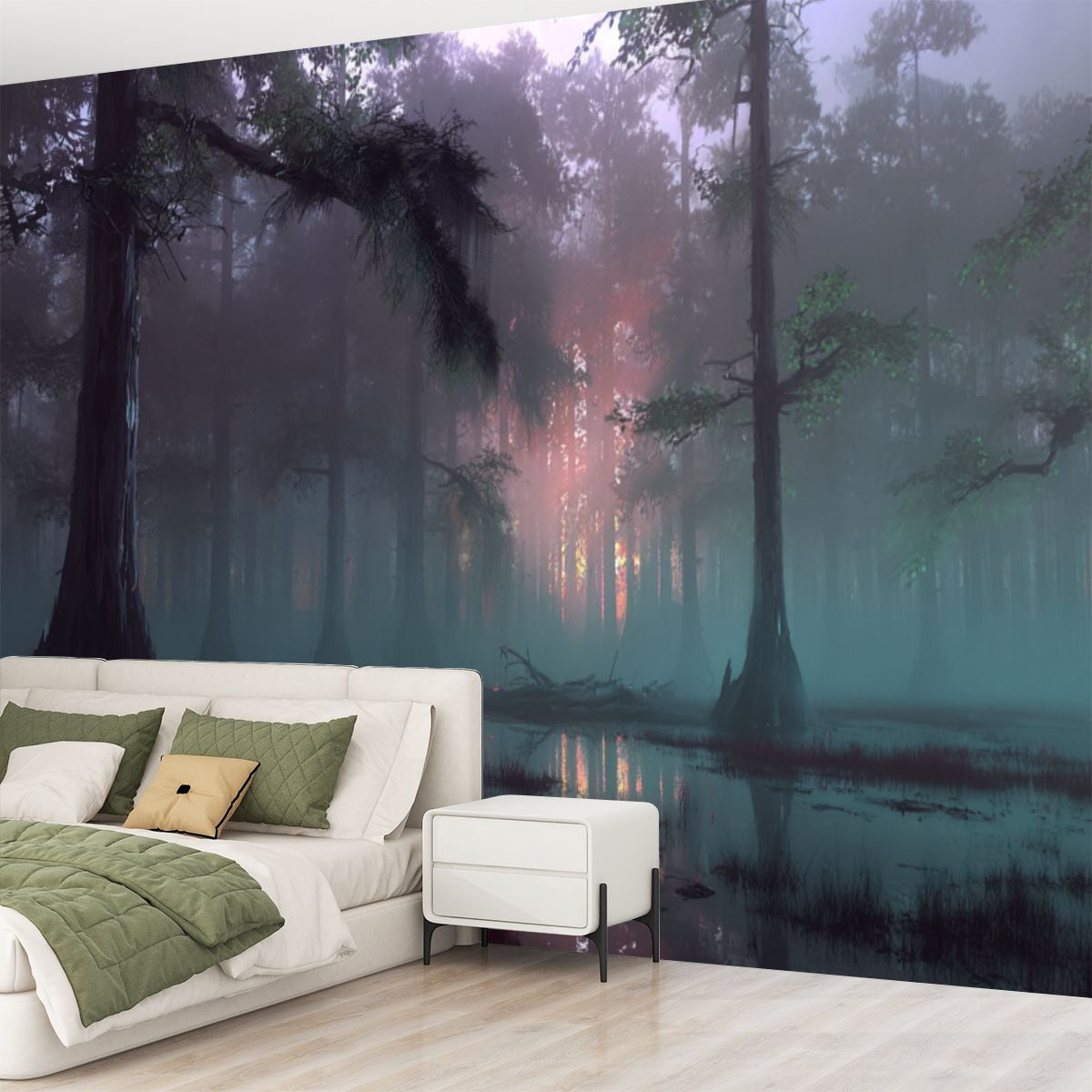 Peel and Stick Wallpaper Dark mystical forest swamp foggy dawn dusk Modern Art Wall Mural Decor Self Adhesive and Removable 69in x 98in