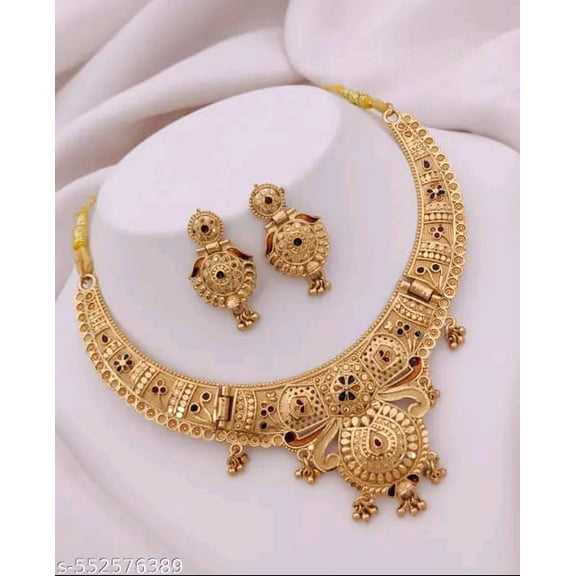 Traditional Antique Gold Plated Necklace Set with Earrings Jewelry For Women Wedding Wear Gift