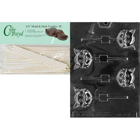 - Cybrtrayd 45St50-H051 Cat Head Lolly Halloween Chocolate Candy Mold with 50 4.5-Inch Lollipop Sticks