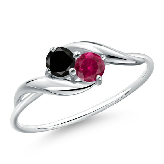 Gem Stone King 10K White Gold Round Black Diamond and Red Created Ruby Ring for Women (0.42 Cttw, Round 3.5MM, Gemstone April Birthstone, Size 7)
