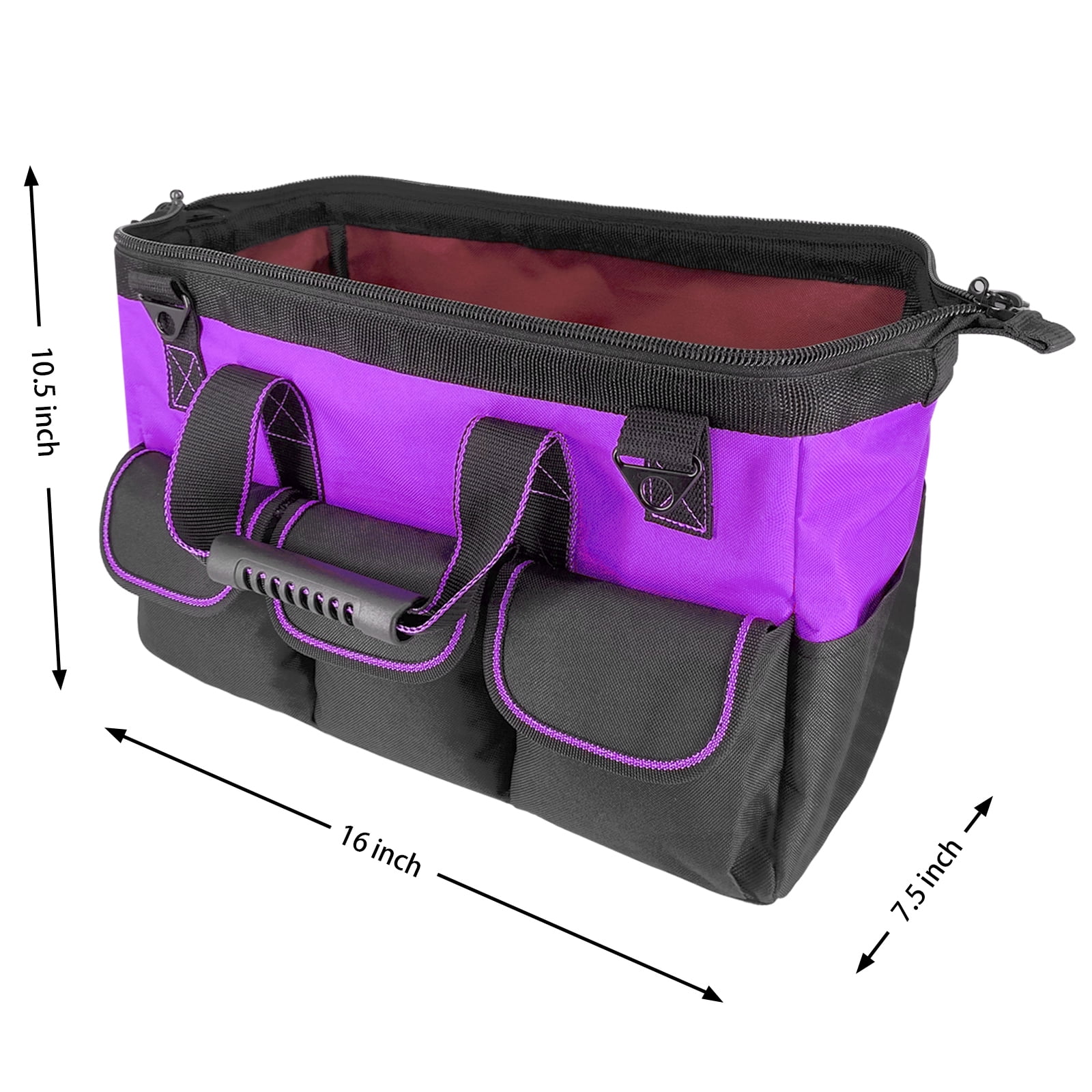 Yongzhenlite Garden Tools Bag 16inch Wide Mouth Tool Tote with Molded Base and Multi-Pockets for Men Heavy Duty,600D polyester fabric (Purple color)