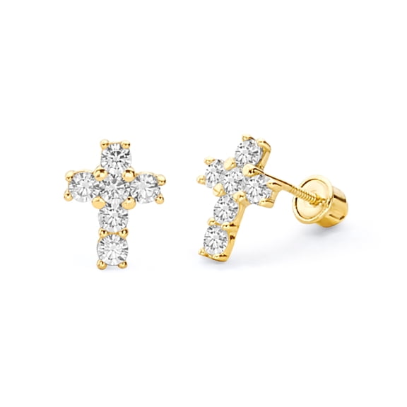Wellingsale 14K Yellow Gold Polished Cross Stud Earrings With Screw Back