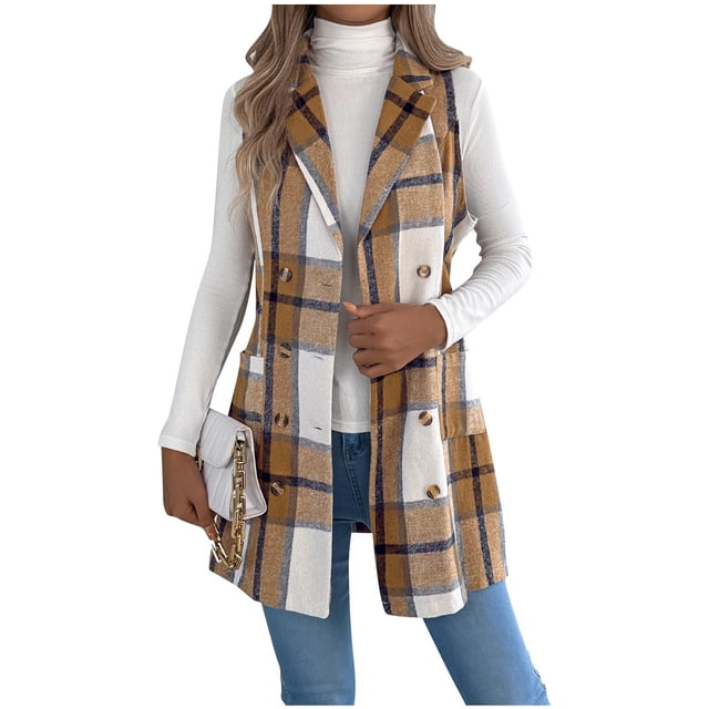 HAiming Gilet à Carreaux pour Femmes Automne Hiver Blazer Sans Manches Col à Revers Boutonné Vêtements d'Extérieur