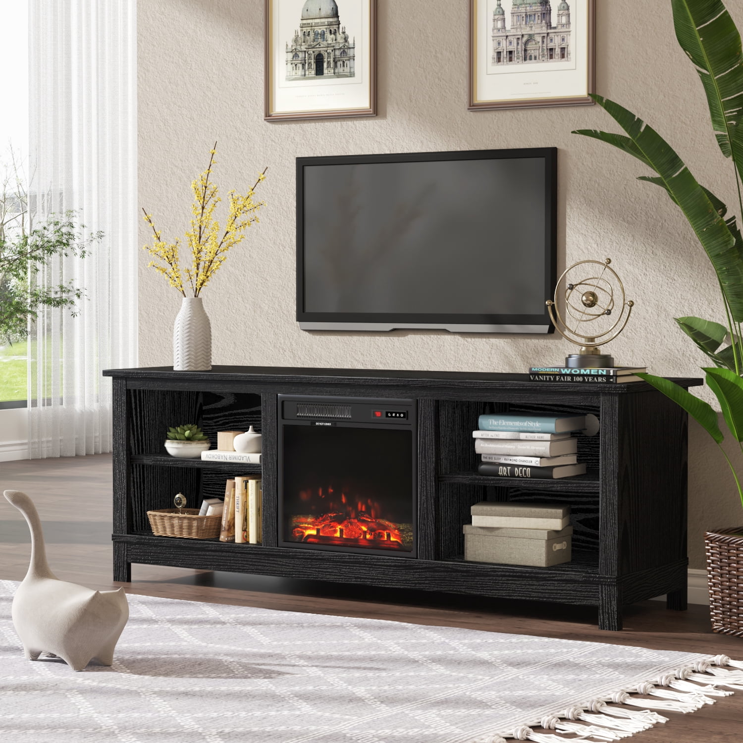 Furmax Classic 4 Cubby TV Stand for TVs up to 65" with Fire Pit, Black ...