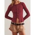 thumbnail image 4 of Women Fall Long Sleeve Button Up Ribbed Knit Crop Cardigan Y2K Slim Fit Round Neck Sweater Tshirt Wine Red L, 4 of 7