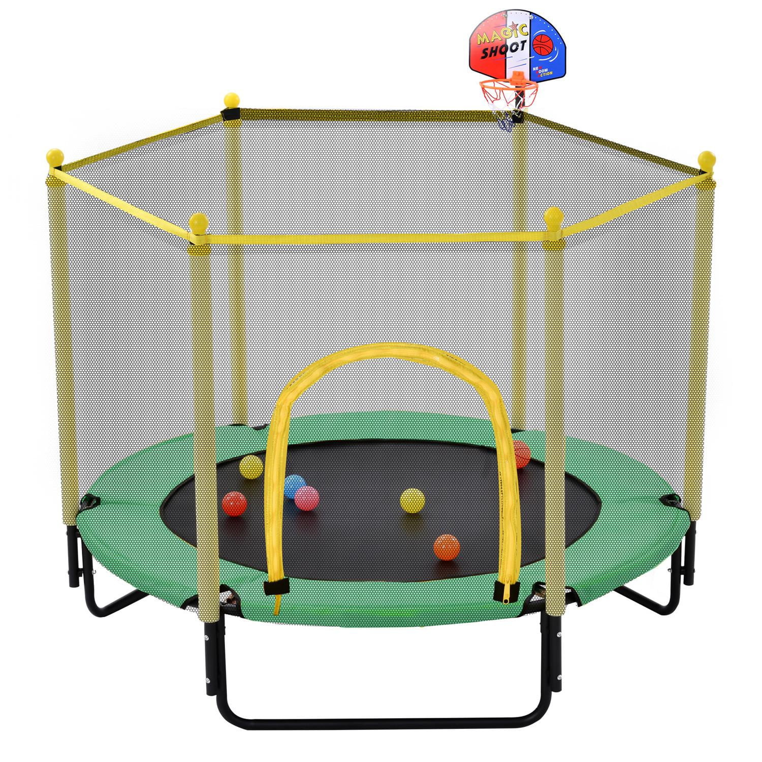 5FT Kids Trampoline with Safety Enclosure Net, Toddlers Outdoor Indoor Mini Recreational Trampoline with Basketball Hoop, Green Yellow