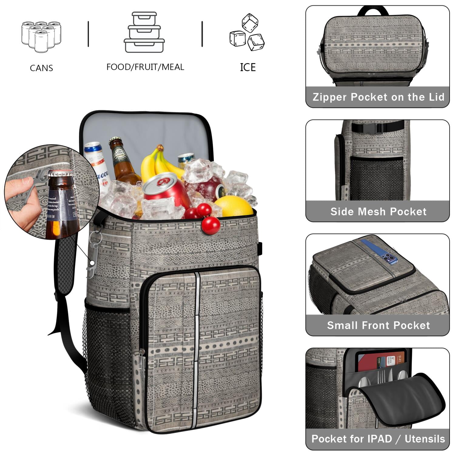Travel Cooler Bag - Boho Bohemia Pioneer Flower Geometric Line Art Camping Beer Cooler Backpack with Bottle Opener- Waterproof Insulated Picnic Backpacks - Cooler Bag for Beach