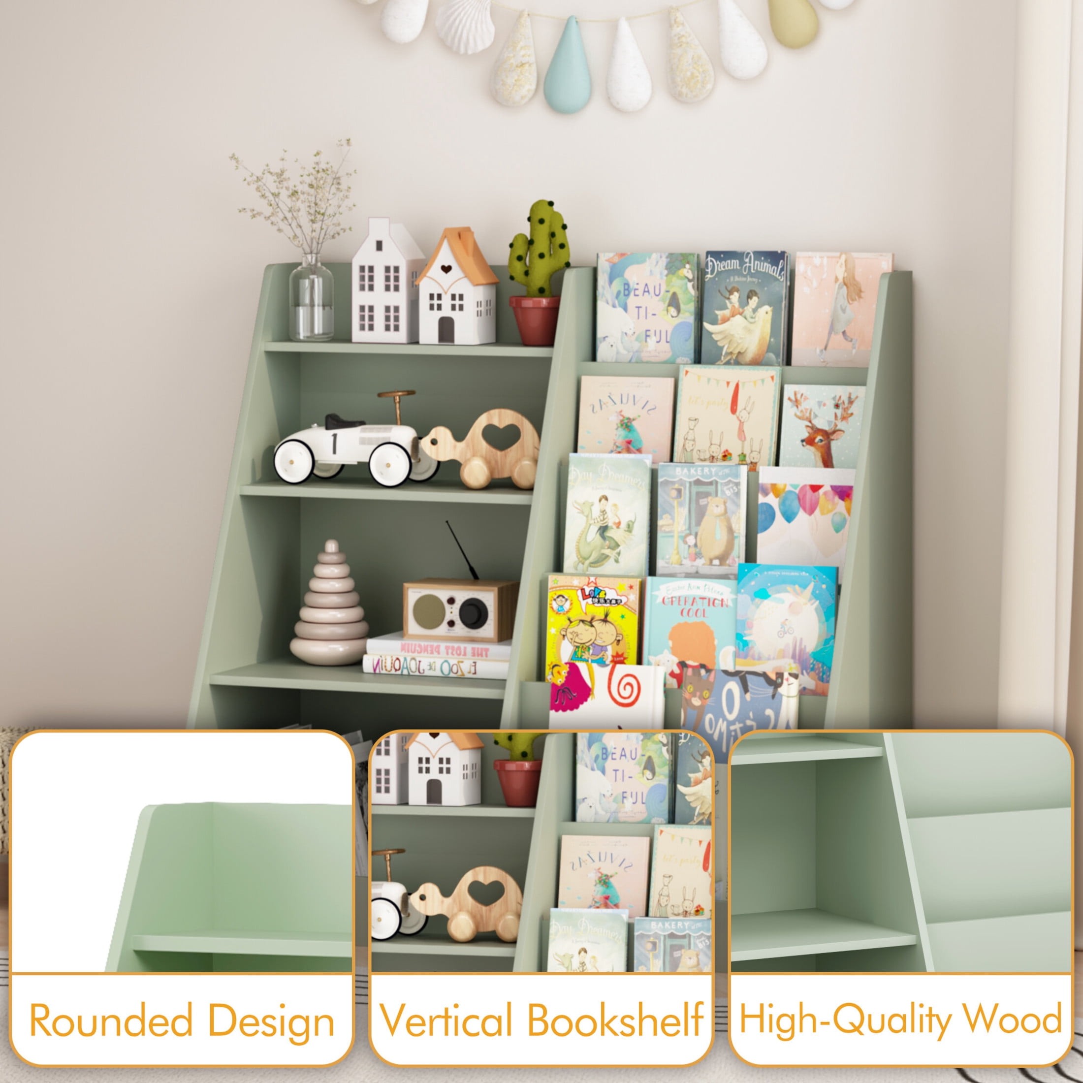 Noble House Aldo 4-Tier Wooden Bookshelf, Multifunctional  Toy Storage Organizer in Kids Room, Display Stand, Sage