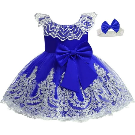 

Baby Girls Flower Pageant Lace Dress Wedding Bowknot Gown with Headwear 0-6T