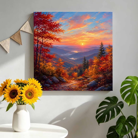 Fall Landscape Canvas Wall Art, Sunset Serene Orange Maple Trees Forest Mountain Peak Framed Canvas Wall Decor Picture Print Artwork Decorations for Living Room Office Ready to Hang 10" x 10"
