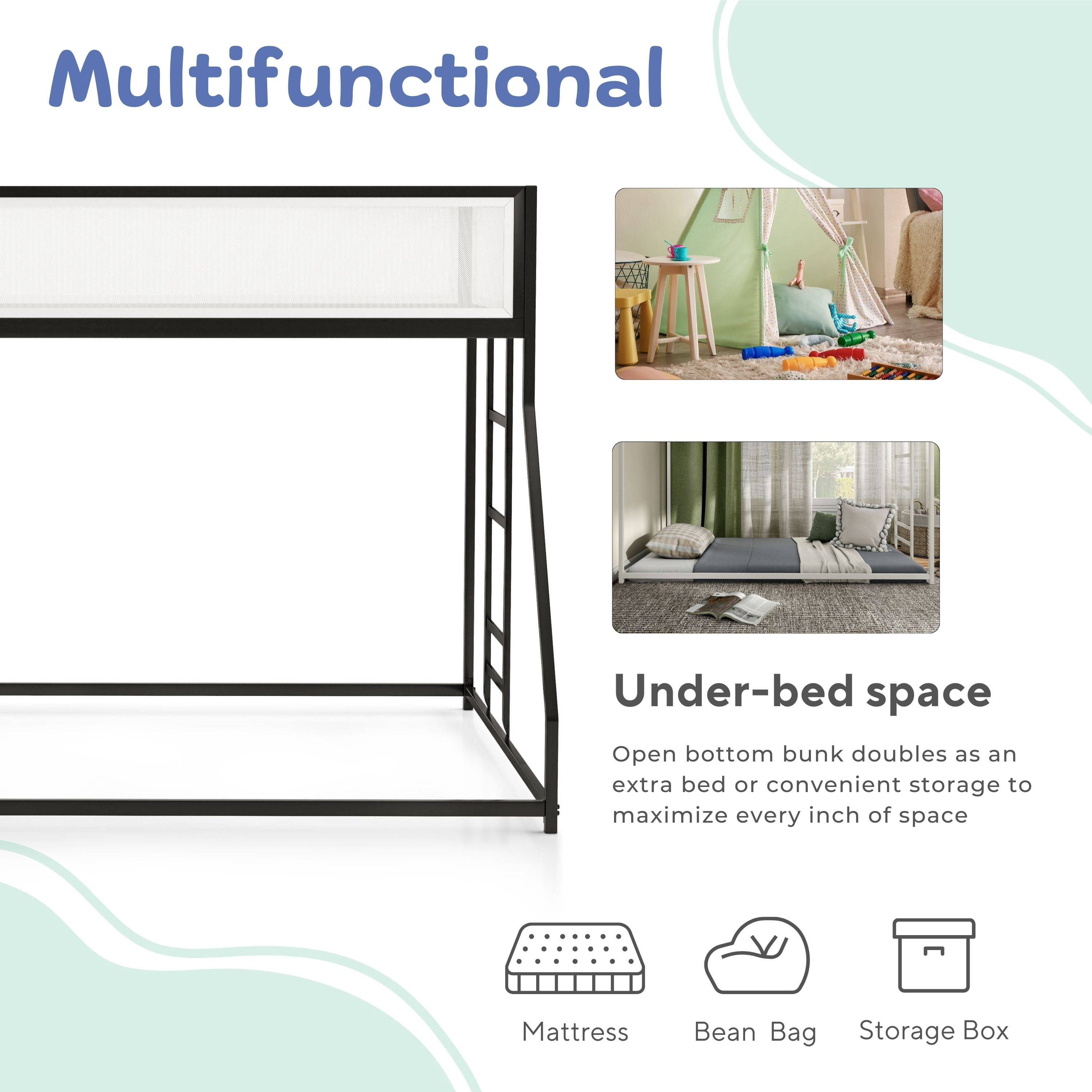 Furniture of America Veric Kids Black Twin Over Full Low Profile Bunk Bed with White Magnetic Mesh Panel
