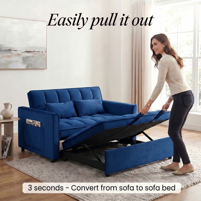 Gewnee 55" Sofa Bed, Convertible Sleeper Sofa & Pull Out Couch, 3-in-1 Velvet Loveseat with Adjustable Backrest and Storage Pocket, Blue