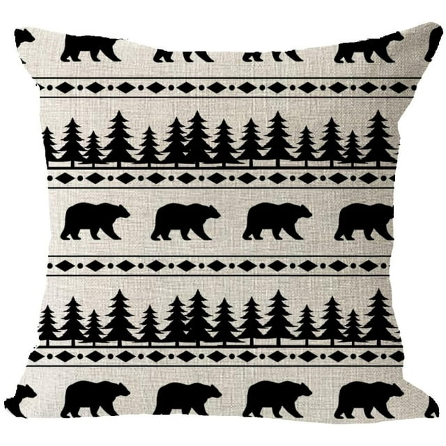 Housse de Coussin Carrée en Coton Lin BOHO Bohème avec Ours et Pin de Forêt 18"x 18 Pouces