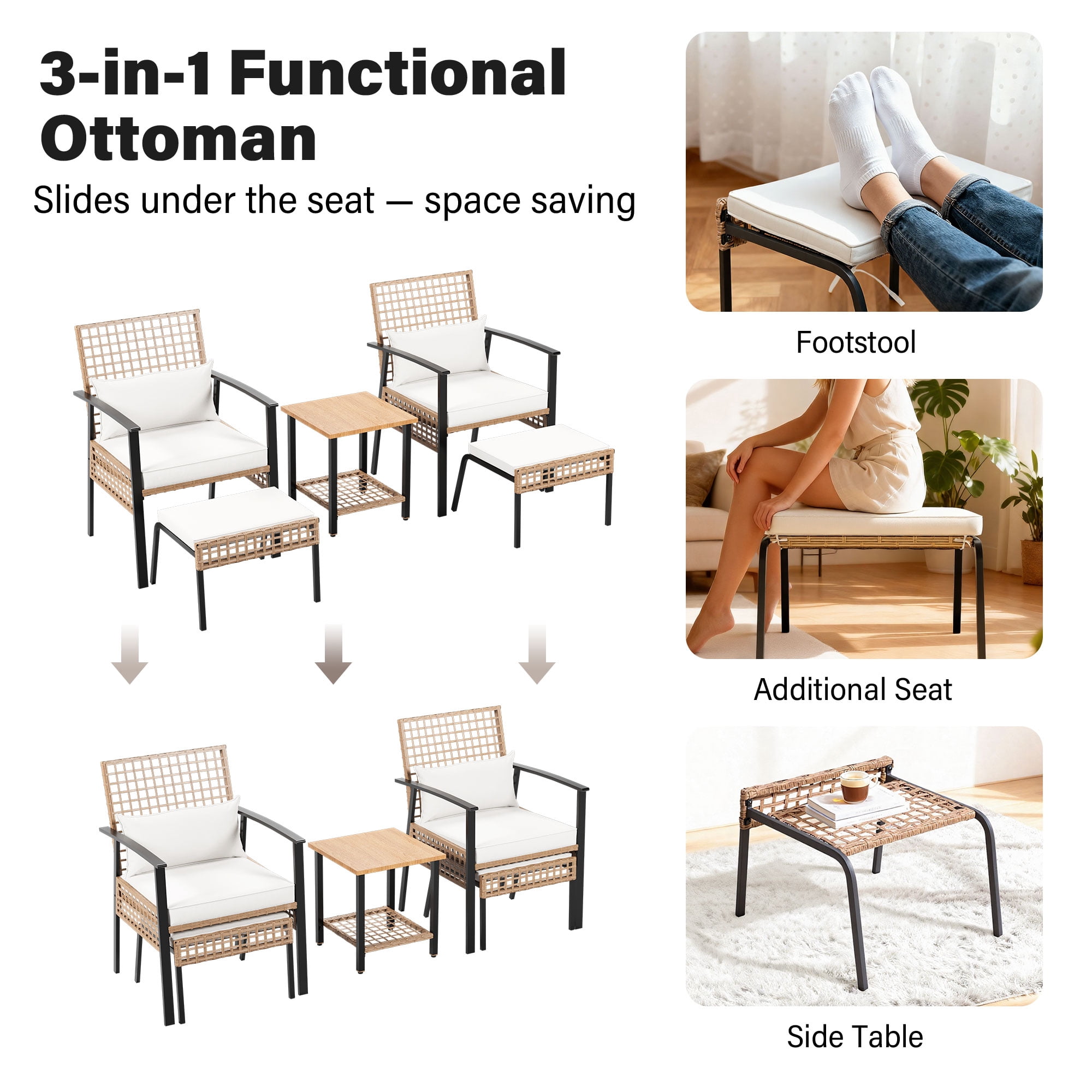LAUSAINT HOME 5 Pieces Patio Furniture Set with Ottomans, Wicker Outdoor Conversation Set with Cushions and Coffee Table for Backyard, Poolside, Porch, Balcony