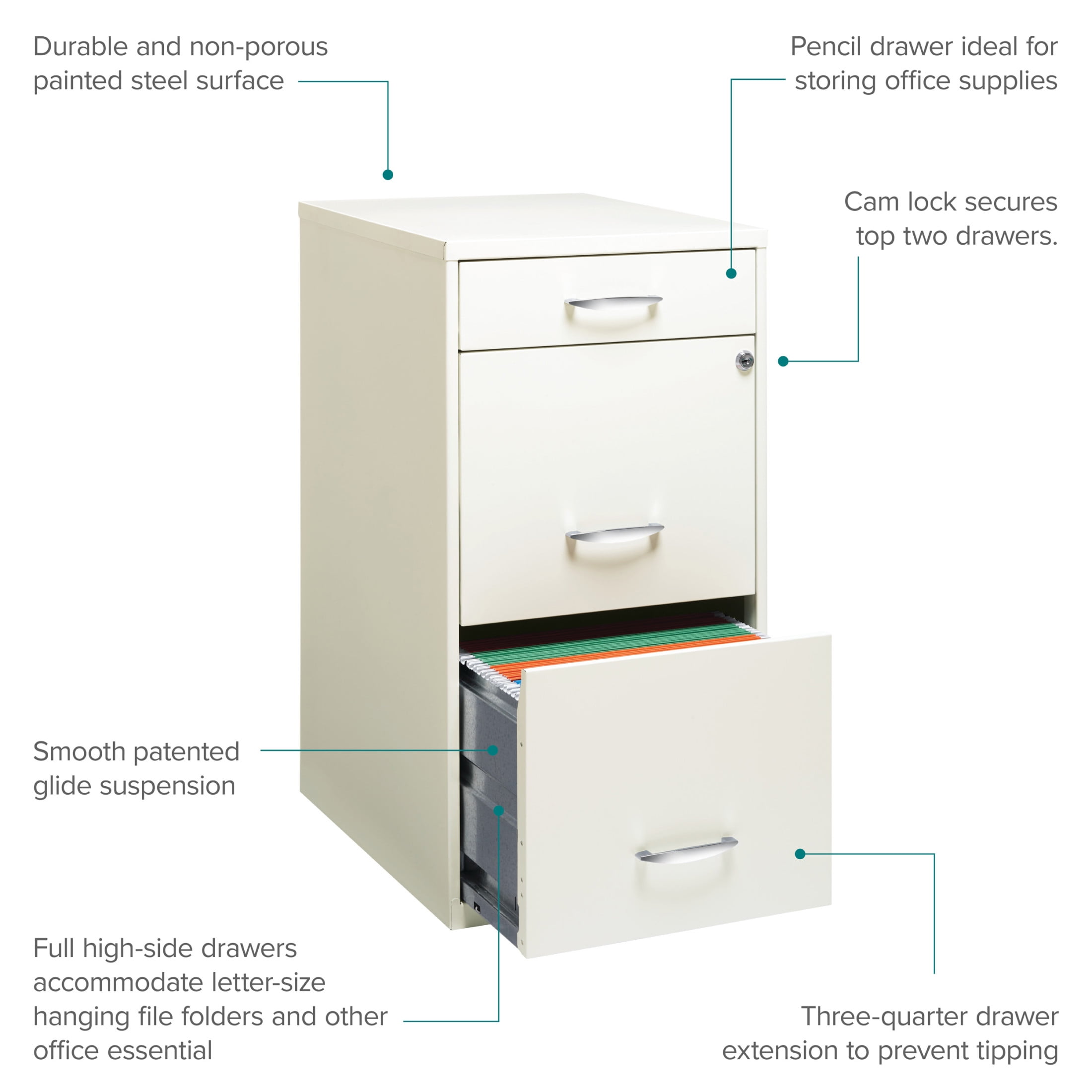 Space Solutions 3 Drawer Letter Width Vertical File Cabinet with Pencil Drawer, White