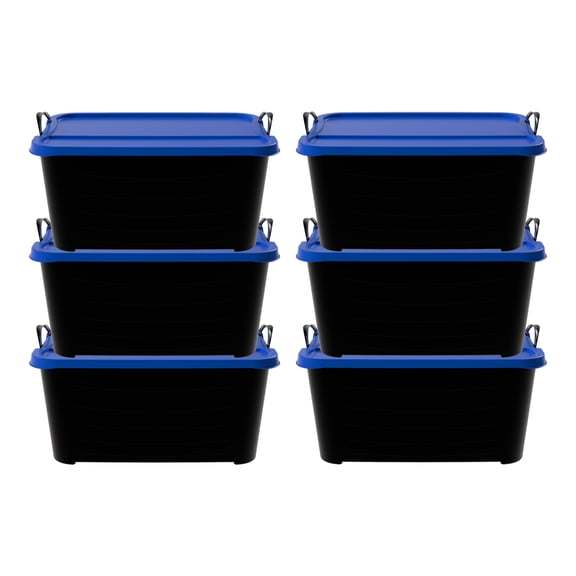 Life Story 55 Qt Stackable Storage Bin, Heavy Duty Lidded Container, Black/Blue, 6 Pack