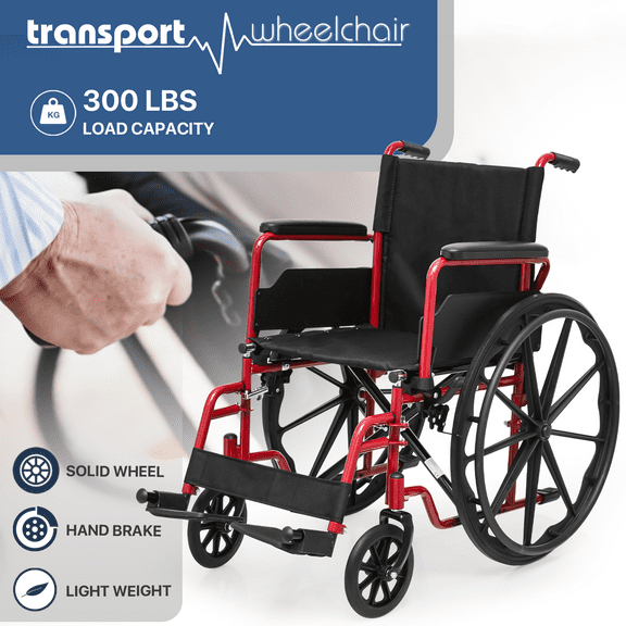 WYDK Wheelchairs for Adults Ultralight Transport Flip Back Padded Arms and Detachable Swing Away Footrests 18'' Wide Seat Wheel Chair, 300lb Capacity, Red,1.0 Count