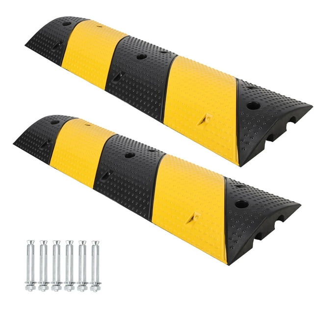 Bosses de Vitesse pour Allée, Lot de 2 Bosses de Vitesse en Caoutchouc de 3,3 Pi, Bosse de Vitesse Modulaire à 2 Canaux Capacité de Charge de 22000 Lb, Rampes de Protection pour Boyau de Câble avec 6 Pointes de Boulons pour Asphalte Béton Gravier Allée