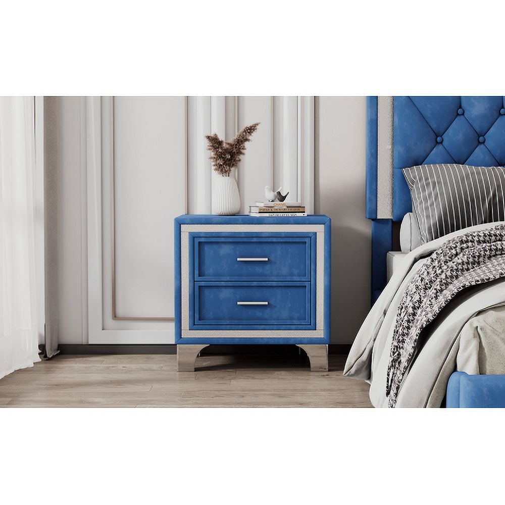 Nightstand with 2-Drawer, Mid-Century Bedside Table with Metal Legs, Velvet Bedside Table for Living Room, Bedroom, Blue