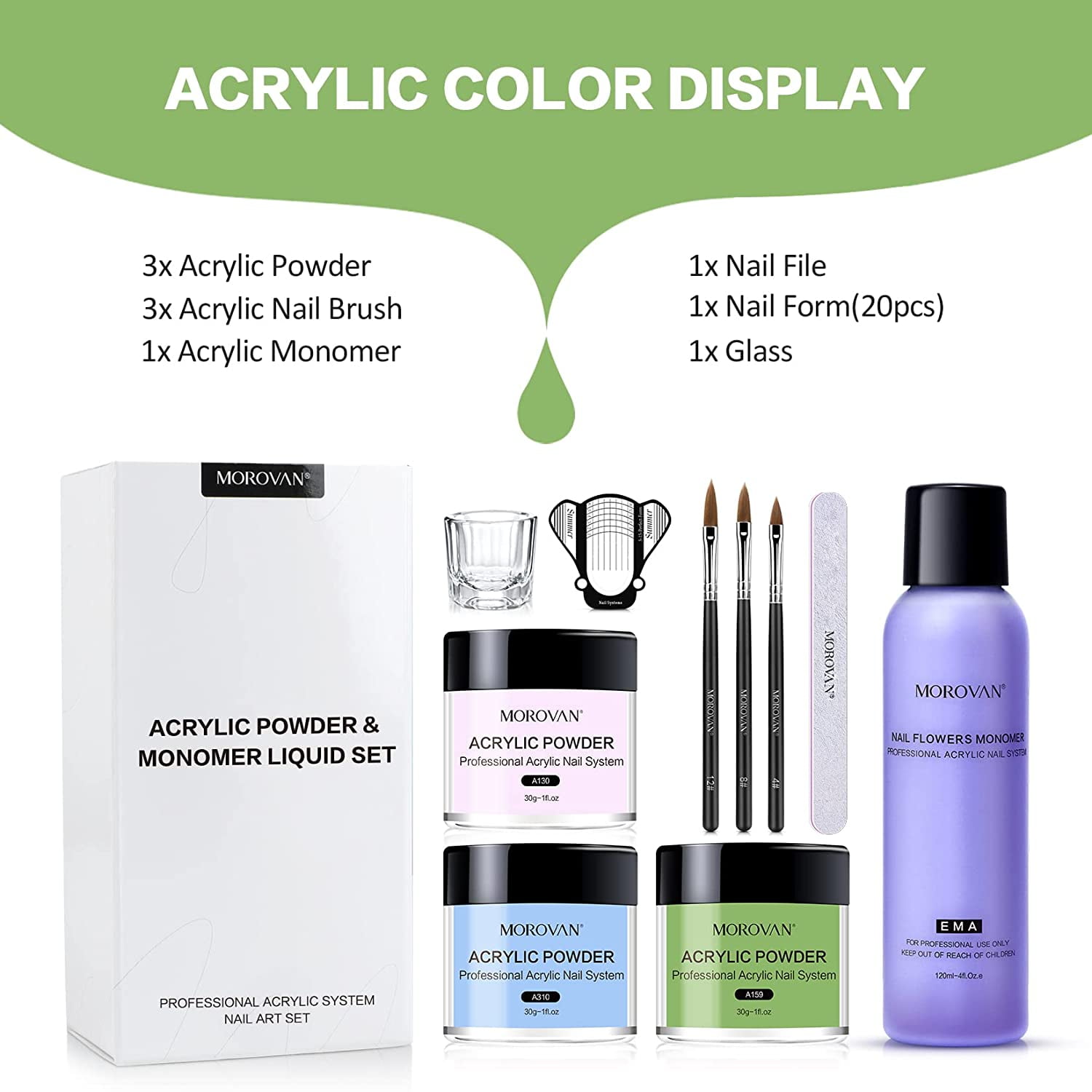 Morovan Acrylic Nail Kit Acrylic Powder Liquid Set with Acrylic Brushes Set Nail Forms