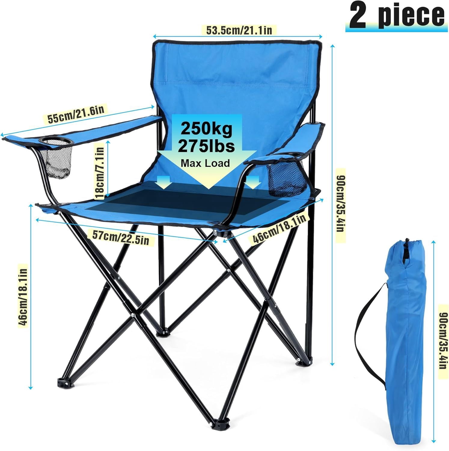 Foldable Camping Chair Set of 2, Folding Camp Chairs for Adults, Large Portable Lawn Chair for Outdoors Fishing, Hiking, Travel, Picnic, Beach, Supports 275lbs & Include Storage Bags