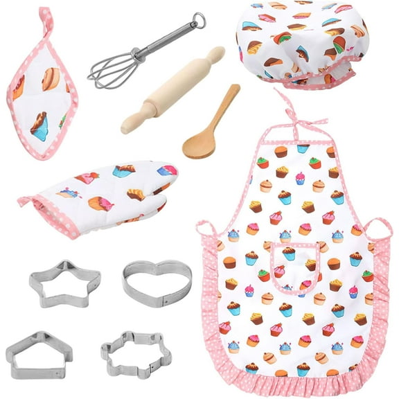 Kids Chef Hat and Apron, 11 PCS Chef Costume Sets Pretend Play Kitchen Toys Baking Tools for Toddler