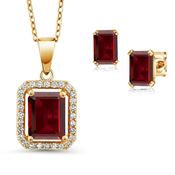 Gem Stone King 18K Yellow Gold Plated Silver Red Garnet Pendant and Earrings Jewelry Set for Women (4.58 Cttw, Emerald Cut 9X7MM and 6X4MM, Gemstone January Birthstone, with 18 inch Chain)