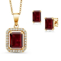 Gem Stone King 18K Yellow Gold Plated Silver Red Garnet Pendant and Earrings Jewelry Set for Women (4.58 Cttw, Emerald Cut 9X7MM and 6X4MM, Gemstone January Birthstone, with 18 inch Chain)