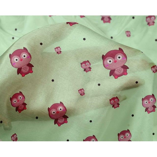 oneOone Silk Tabby Fabric Dot & Cartoon Owl Bird Printed Craft Fabric BTY 42 Inch Wide