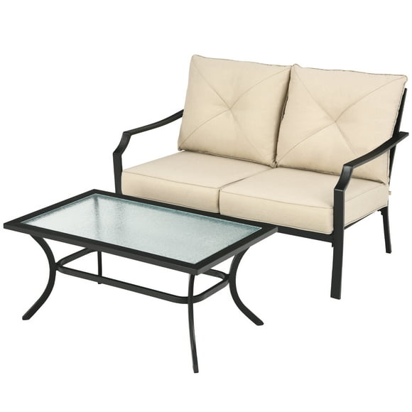 Patiojoy 2PCS Patio Loveseat & Coffee Table Set Outdoor Cushioned Sofa for Garden Backyard