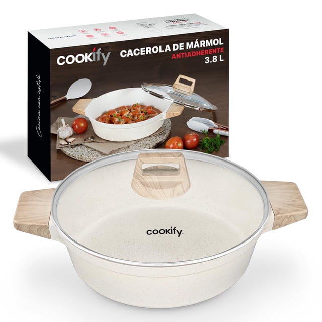 Cookify Olla Cacerola de Aluminio con Revestimiento Antiadherente 100% Libre de PFOA (Mármol Beige, 28 cm)