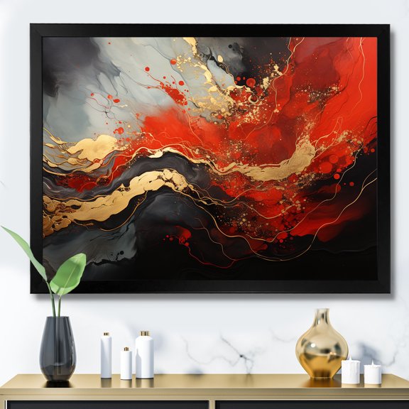 Designart "Marble Fire Red and Gold Fusion I" Abstract Framed Wall Art Decor - Modern Red Abstract Painting Entryway Framed Wall Art