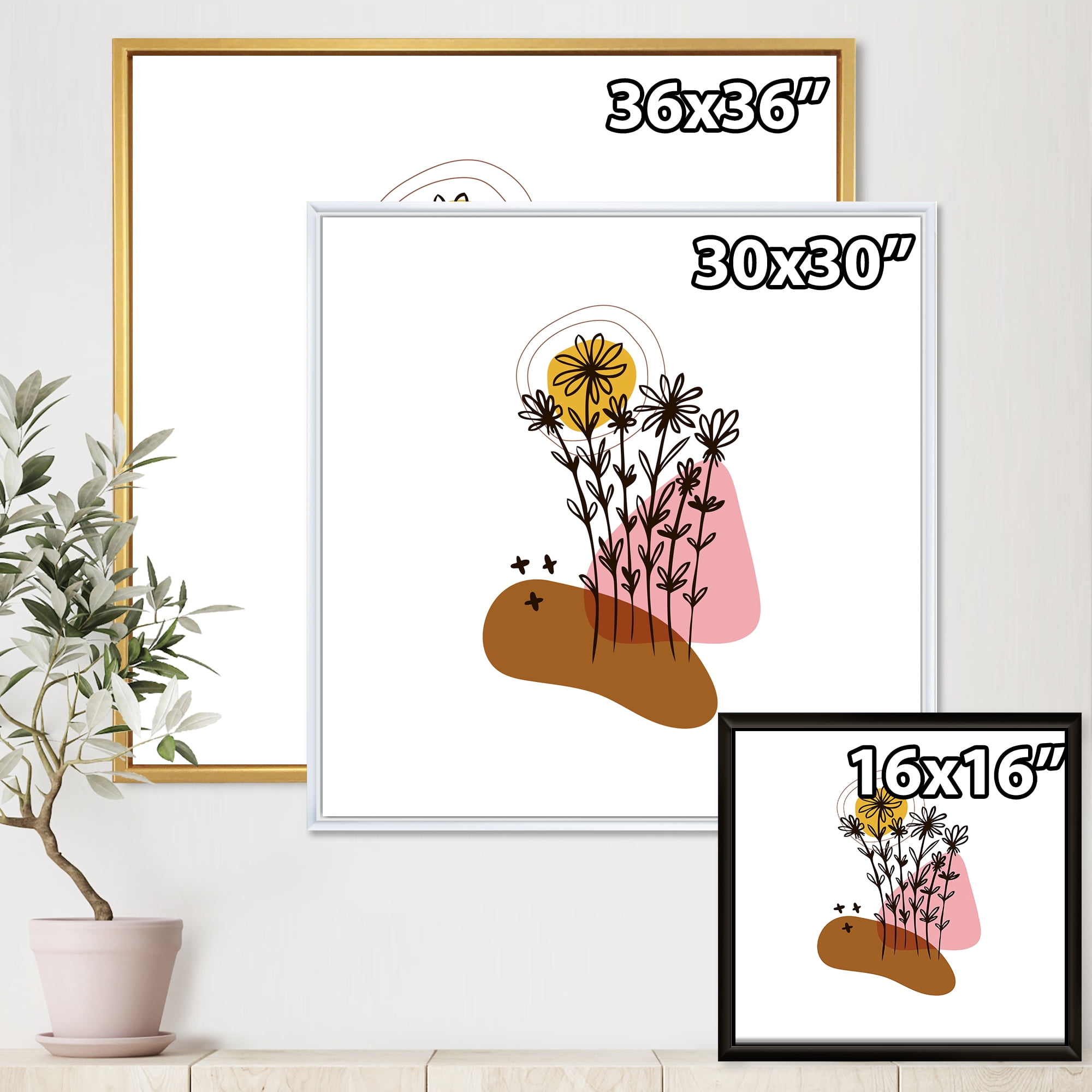 Designart 'Abstract Flowers Plants With Elementary Shapes I' Modern Framed Canvas Wall Art Print