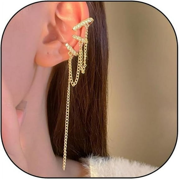 Gold Crystal Chain Ear Cuff for Women,Glitter Triple Rhinestone Long Tassel Drop Earrings Clips Cartilage Wrap Non Piercing Earrings